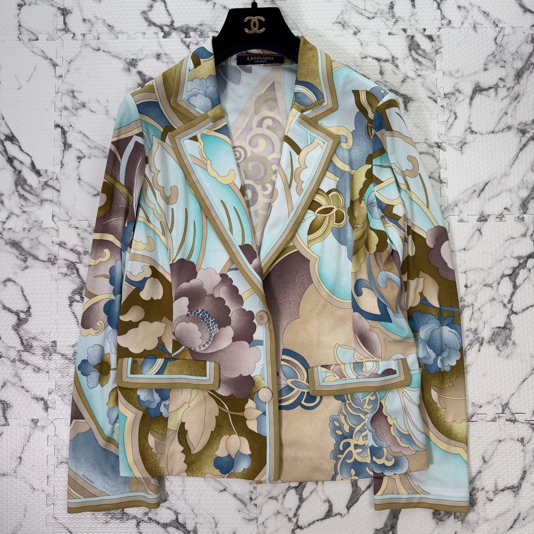 レオナール　テーラードジャケット　カンカン素材　花柄　ボタニカル　フラワー　L