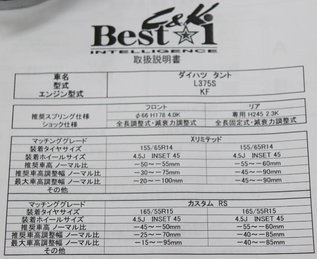 ミラ・ムーブ LA100・LA600 L575 L175/タント L375車高調