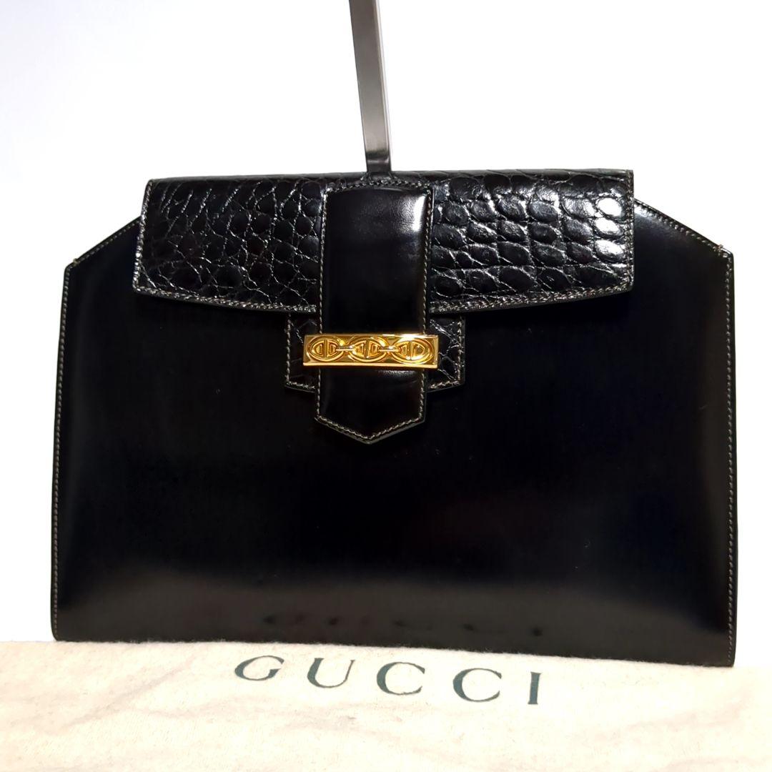 ✨極美品✨GUCCI クラッチバッグ チェーン クロコ型押し ブラック ゴールド