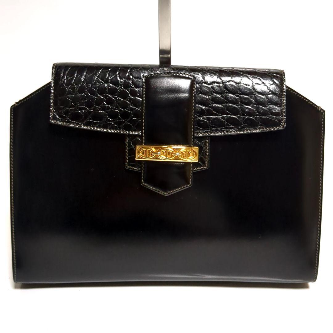 ✨極美品✨GUCCI クラッチバッグ チェーン クロコ型押し ブラック ゴールド