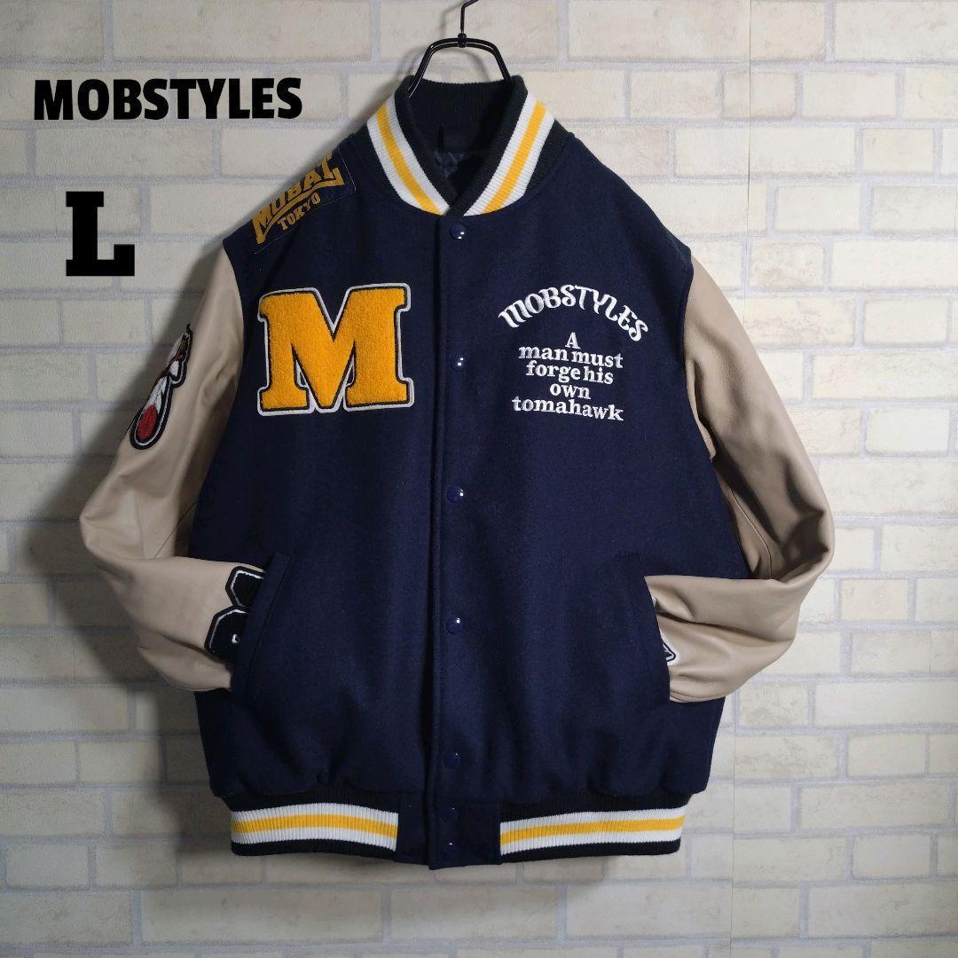 モブスタイル★サガラ刺繍 羊革 アームレザー スタジャン 紺 M表記 L相当