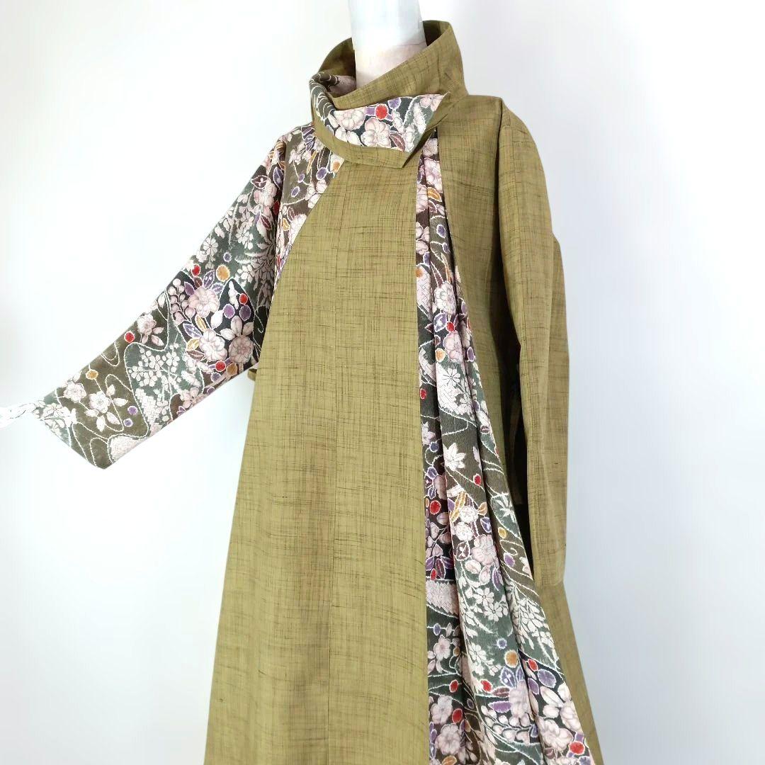 328　手染め大輔　着物リメイク　紬と縮緬辻ヶ花　ワンピース　Ｌ〜フリーサイズ