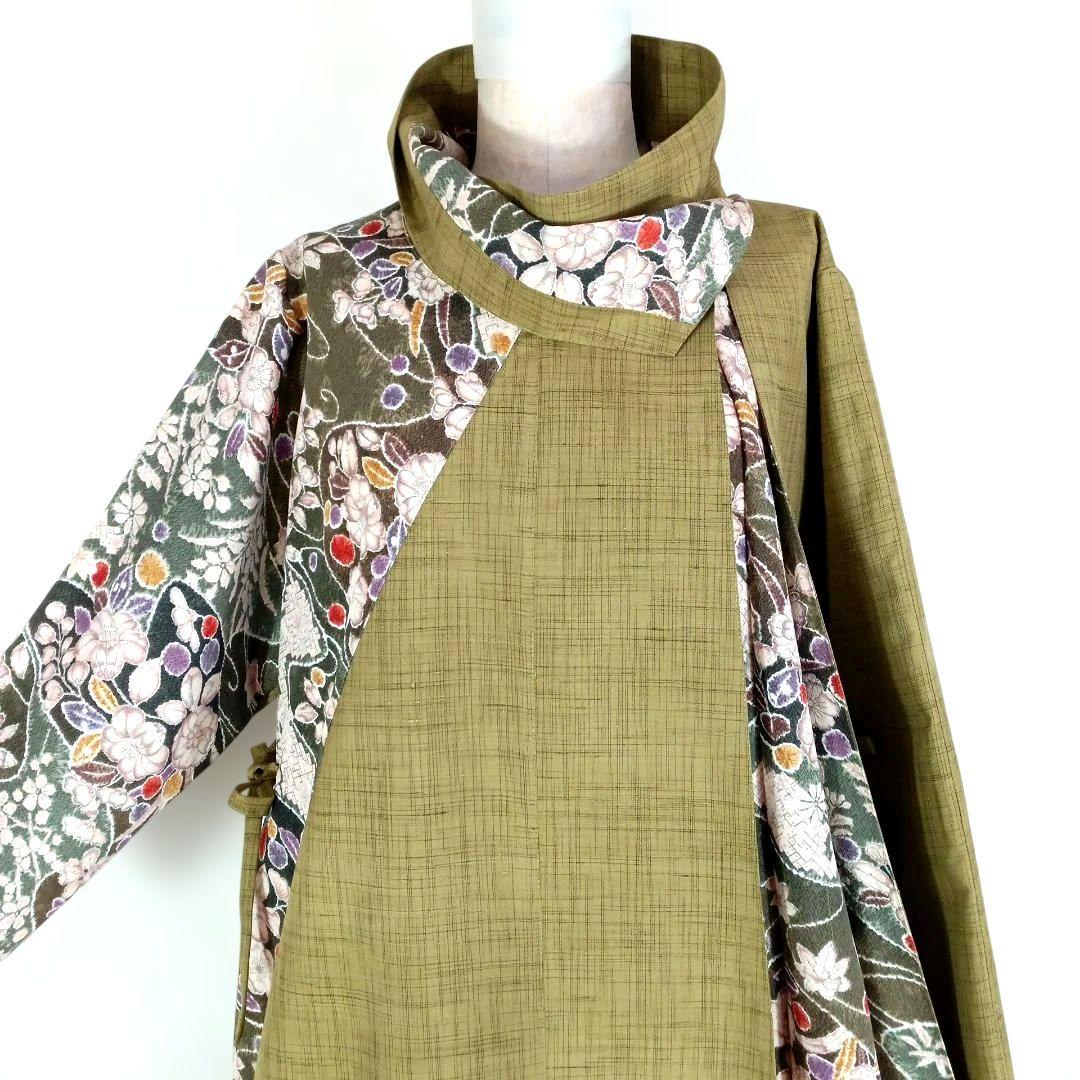 328　手染め大輔　着物リメイク　紬と縮緬辻ヶ花　ワンピース　Ｌ〜フリーサイズ