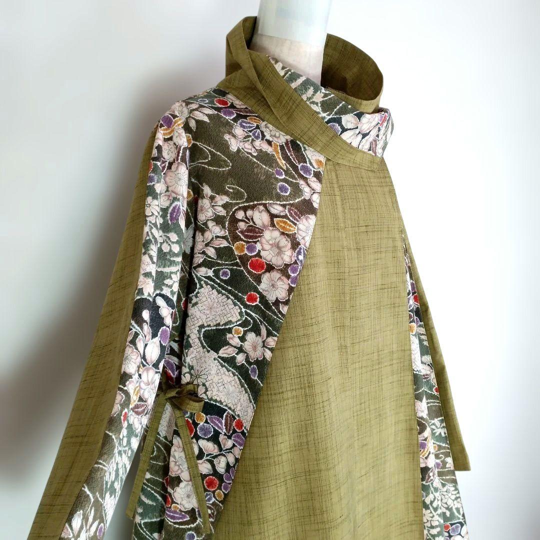 328　手染め大輔　着物リメイク　紬と縮緬辻ヶ花　ワンピース　Ｌ〜フリーサイズ