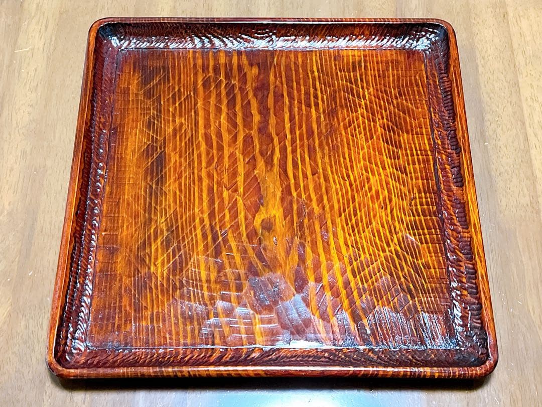 時代物 お膳 讃岐彫り 正方形 お盆 アンティーク 漆器 トレー 木彫り３枚