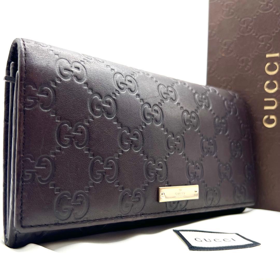 極美品✨グッチ 長財布 GG シマ レザー ダークブラウン ゴールド プレート