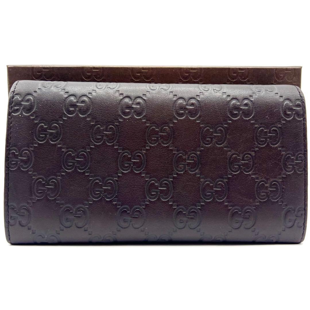 極美品✨グッチ 長財布 GG シマ レザー ダークブラウン ゴールド プレート