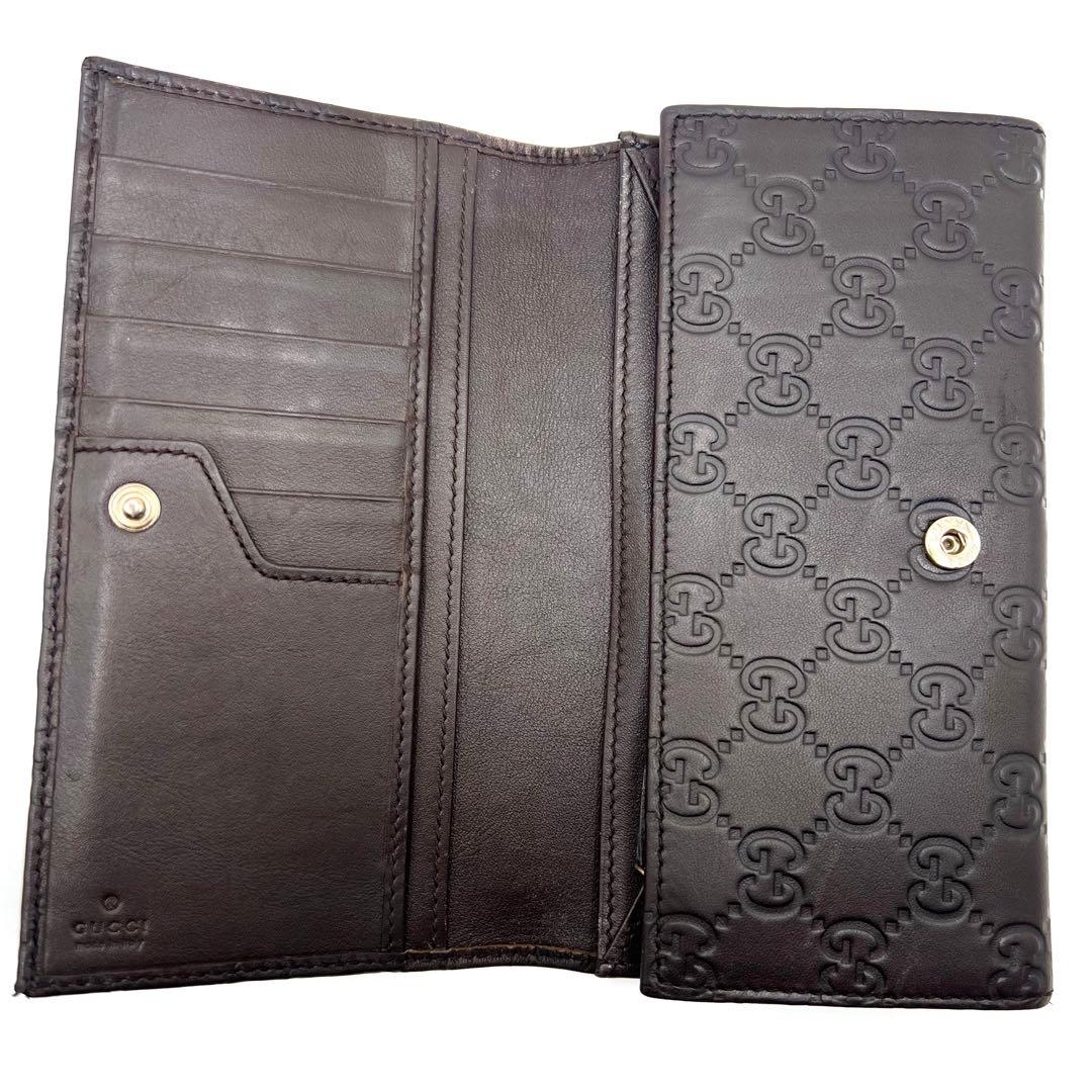 極美品✨グッチ 長財布 GG シマ レザー ダークブラウン ゴールド プレート