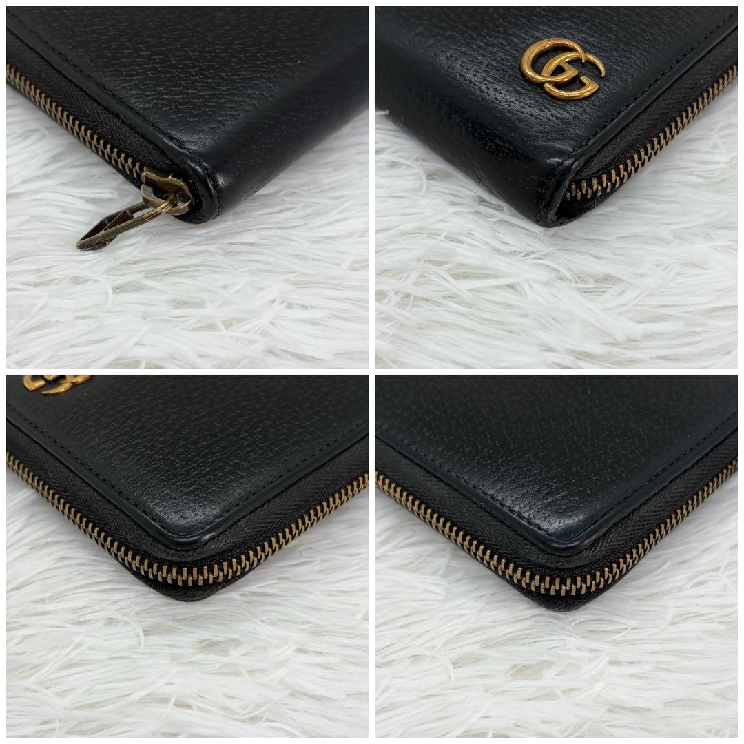 美品✨グッチ　長財布　ラウンドファスナー　GGマーモント　シボ革　ブラック