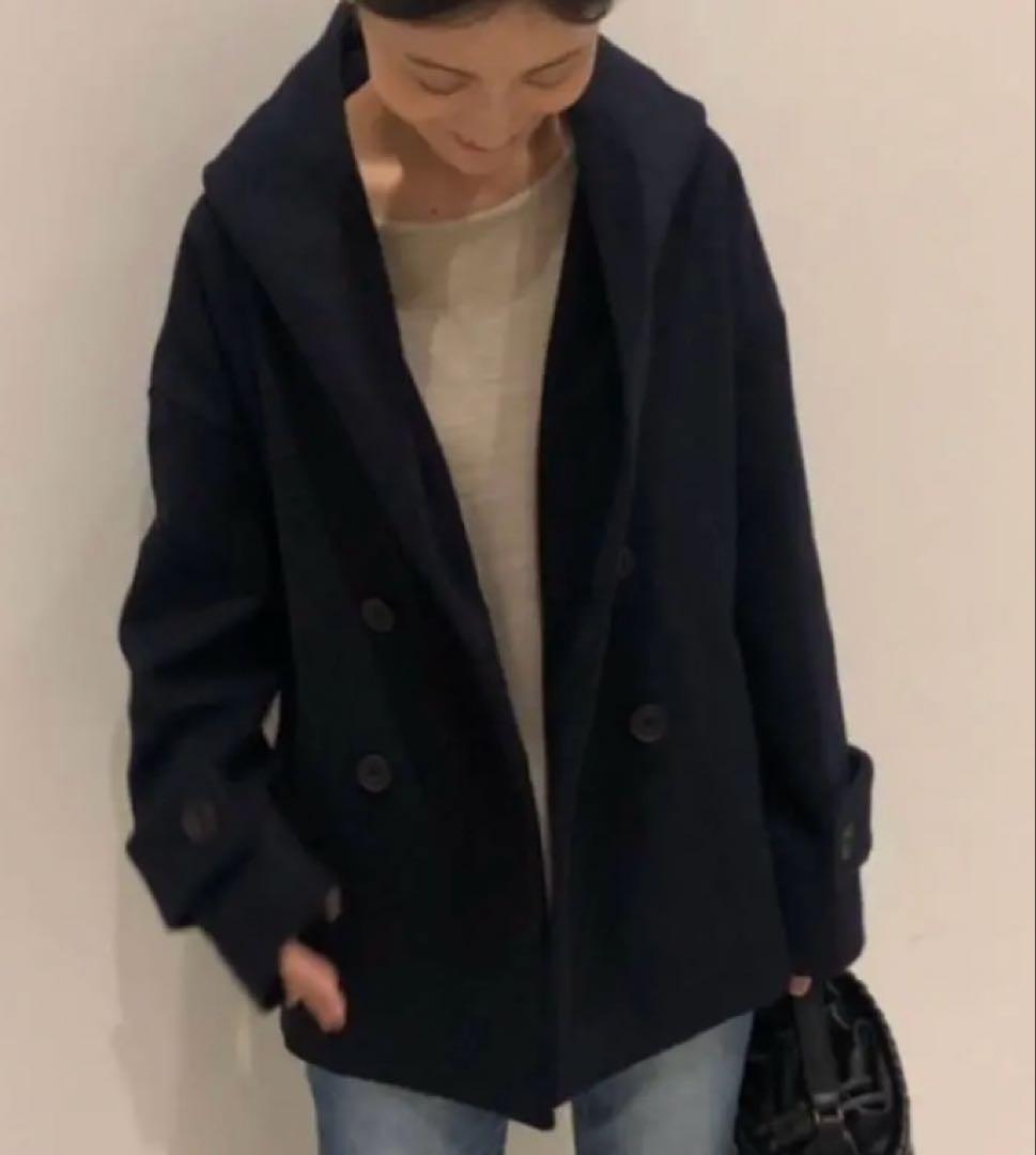 美品 ビアズリー ピーコート フード付き ショートコート　ネイビー