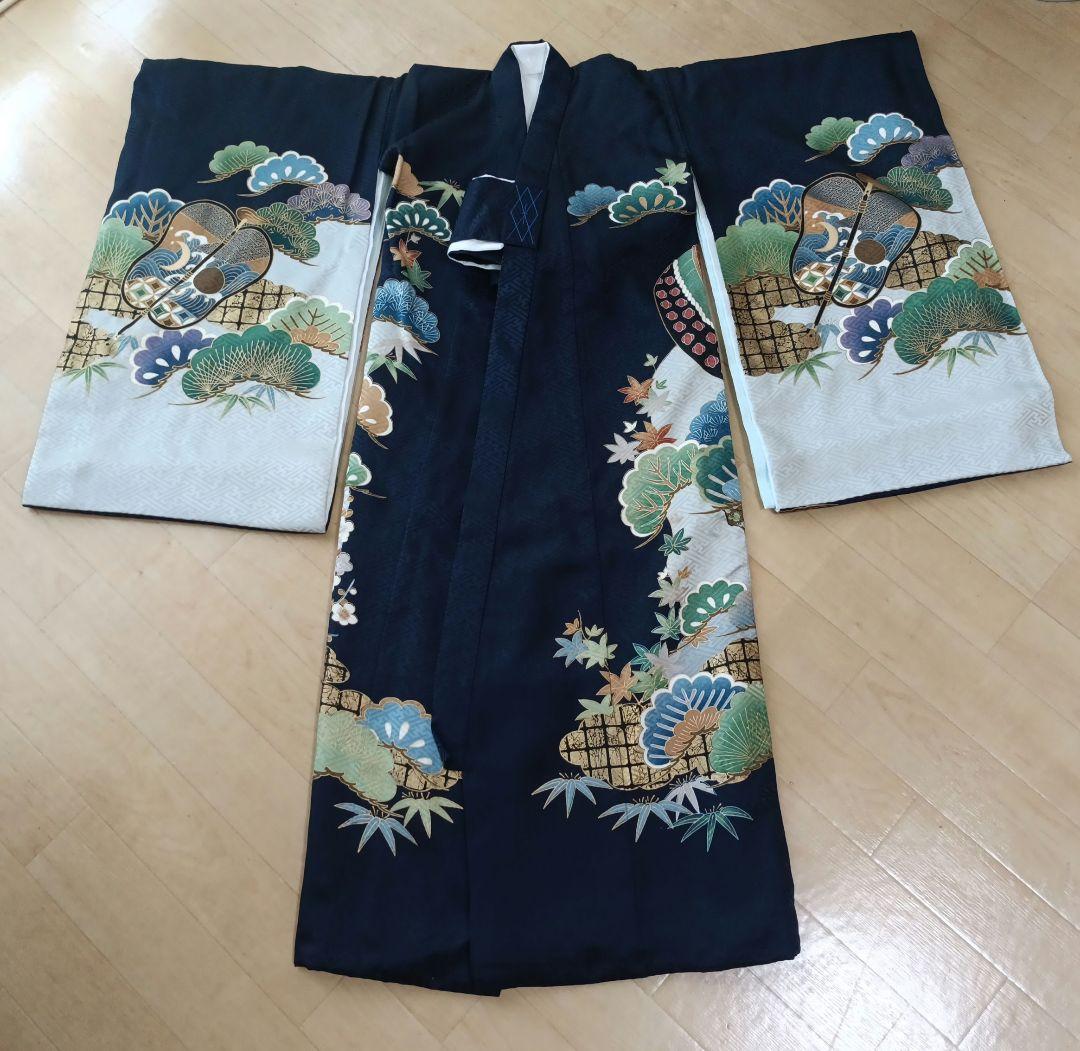 い*す様 【美品】男の子 お宮参り着物 紺色 正絹100% 産着長襦袢付き