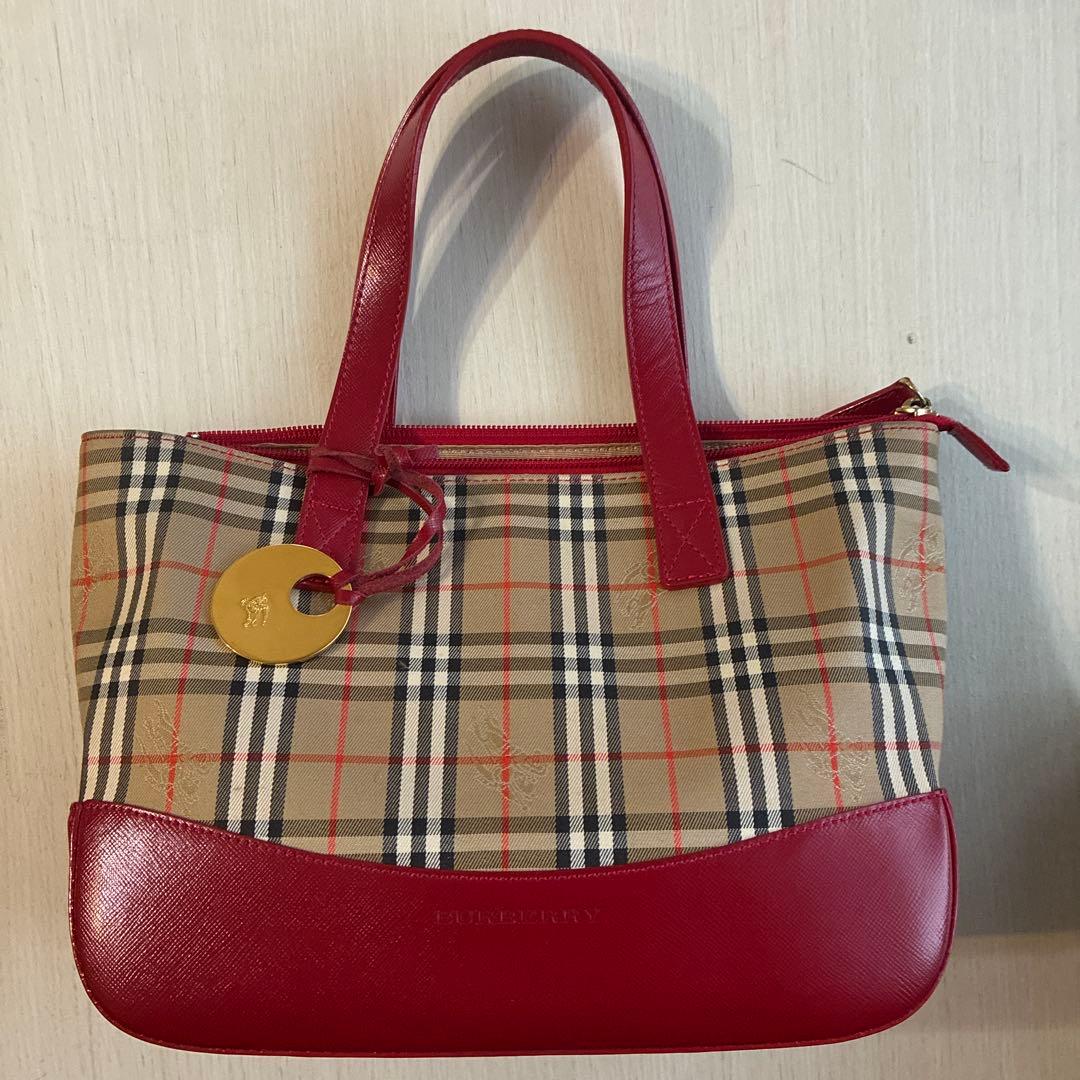 バーバリー ノバチェック ハンドバッグ ベージュ/レッド ゴールドチャーム 新品