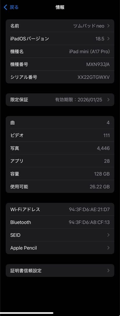 Apple iPad mini (A17 Pro)第７世代 128Gパープル