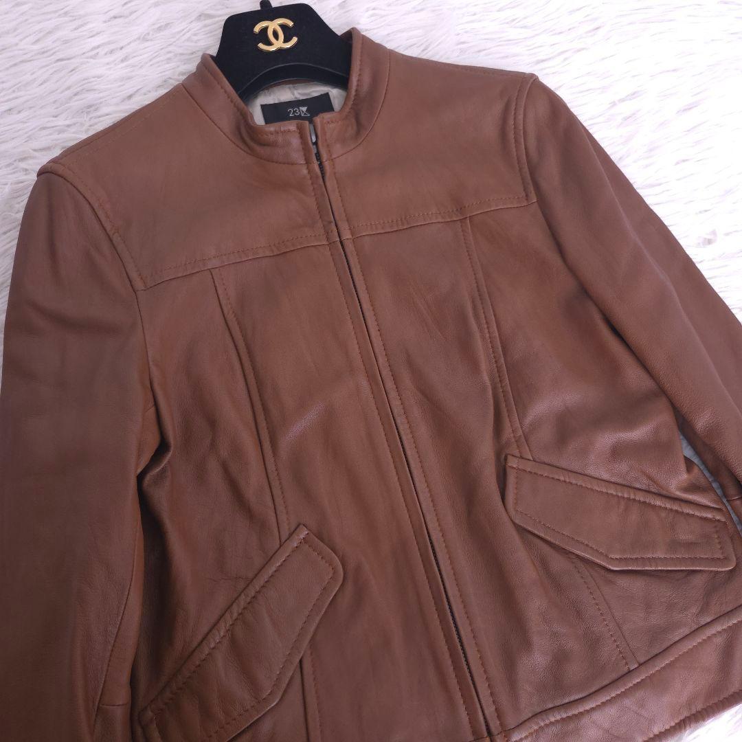 美品 23区 ラムレザー ライダース ノーカラージャケット ブラウン M