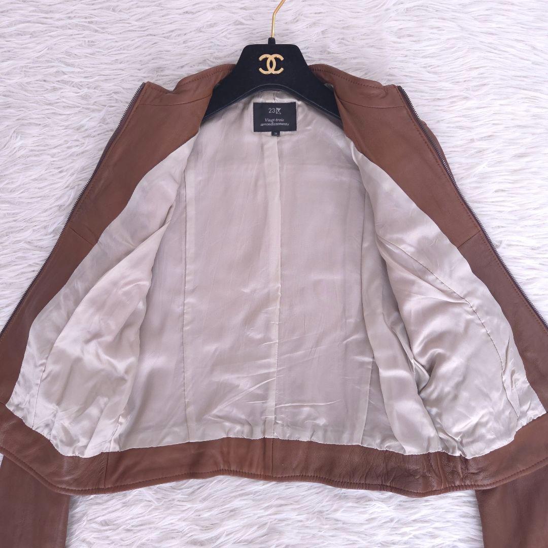 美品 23区 ラムレザー ライダース ノーカラージャケット ブラウン M