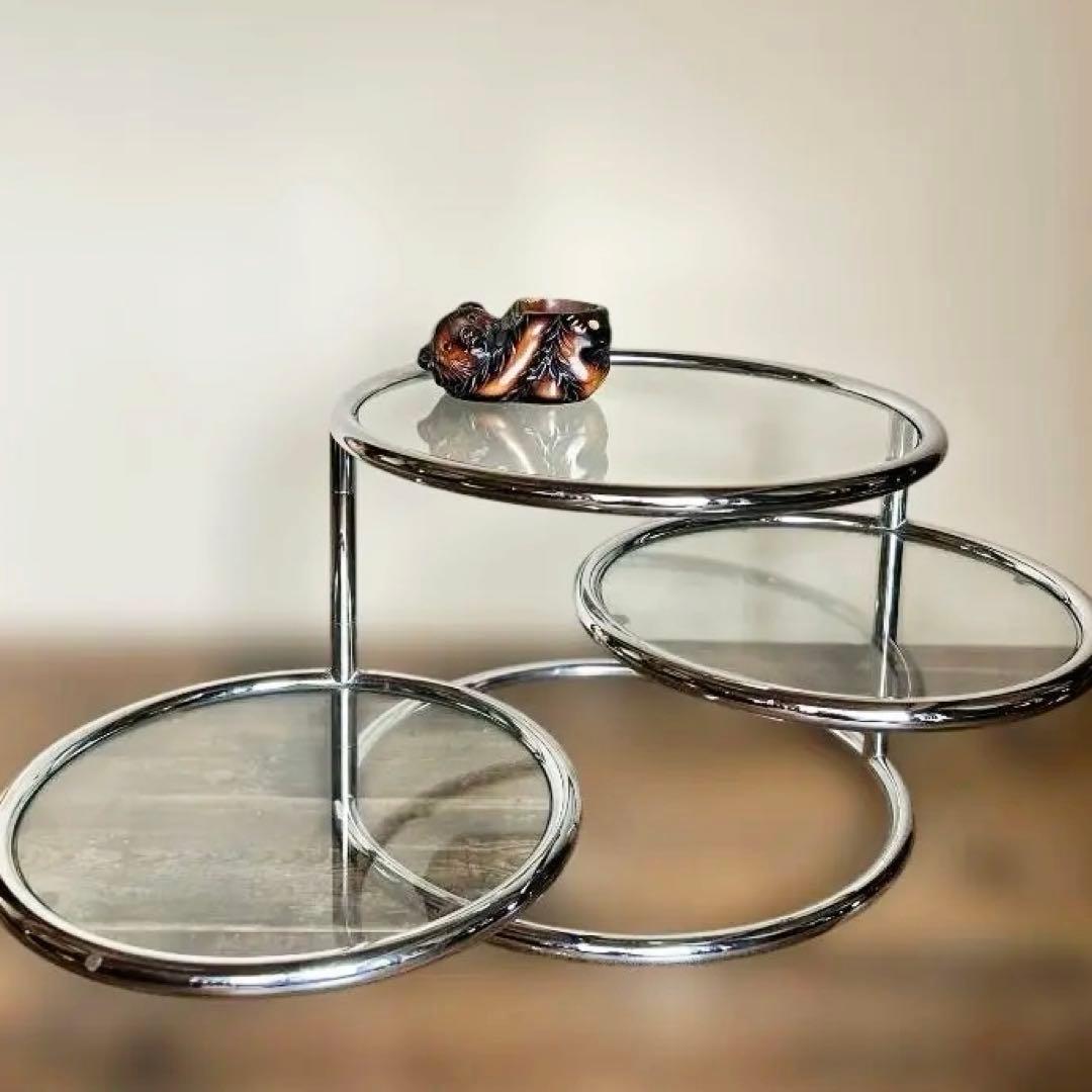 ミッドセンチュリー ガラステーブル４段 丸テーブル 可変式 モダン