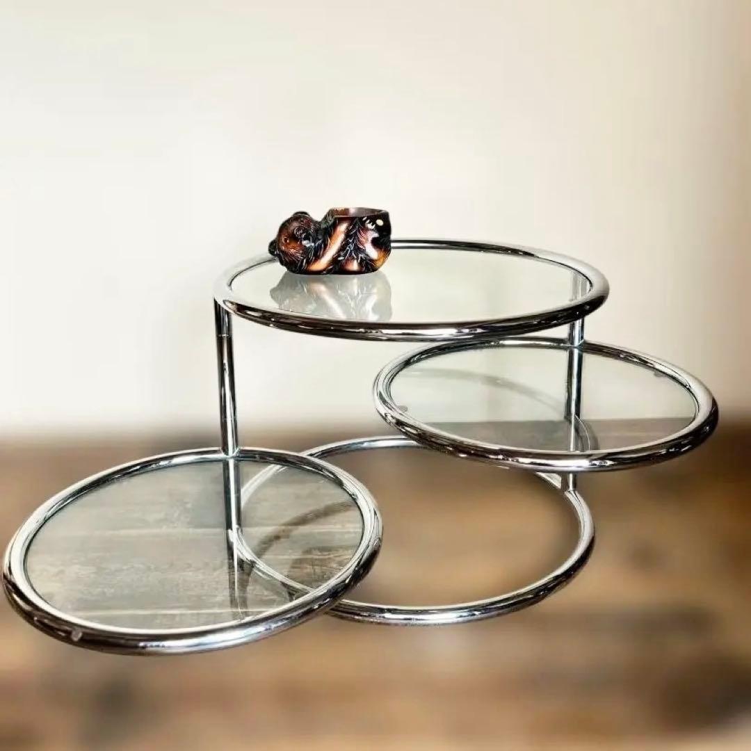 ミッドセンチュリー ガラステーブル４段 丸テーブル 可変式 モダン