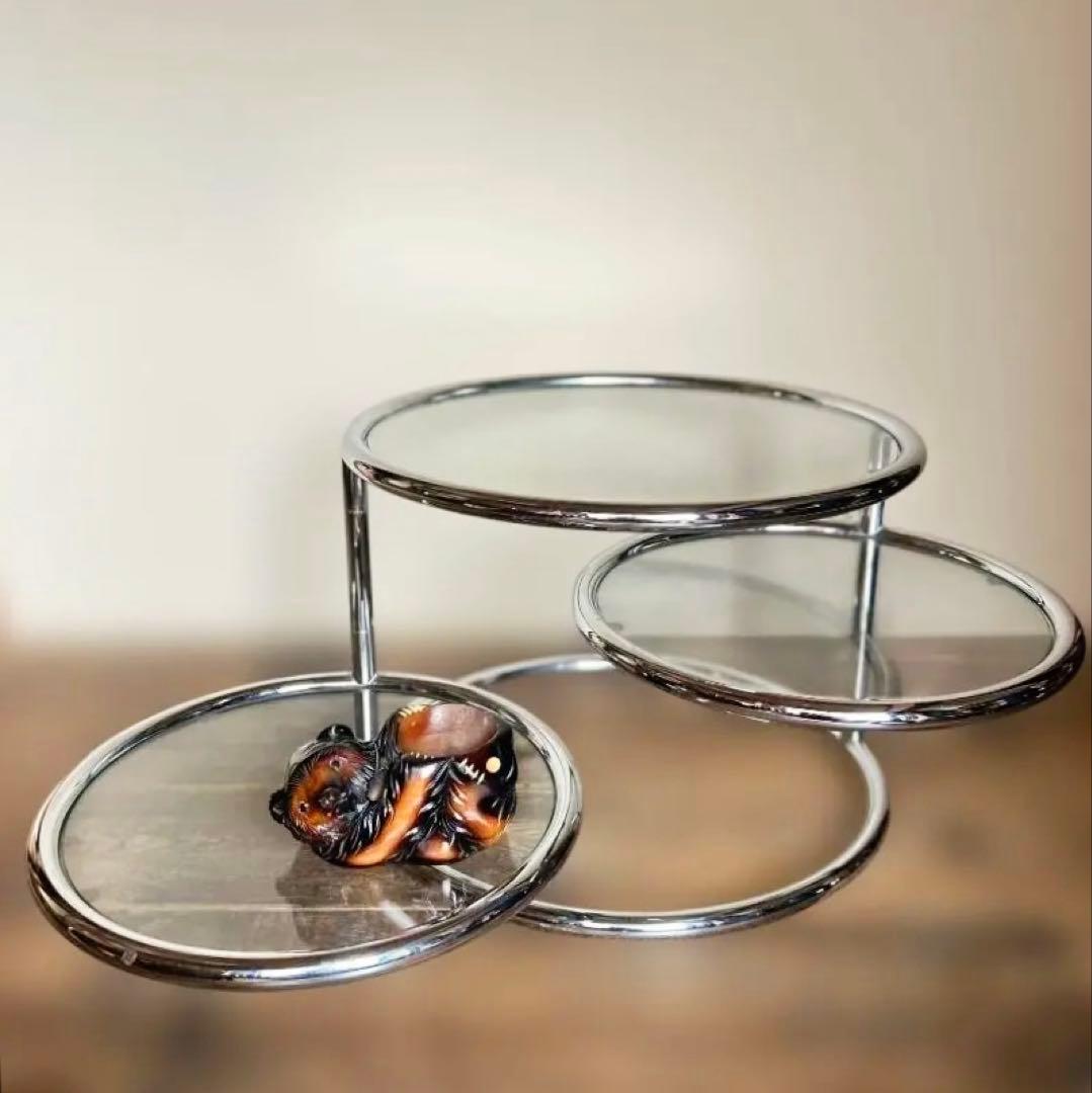 ミッドセンチュリー ガラステーブル４段 丸テーブル 可変式 モダン