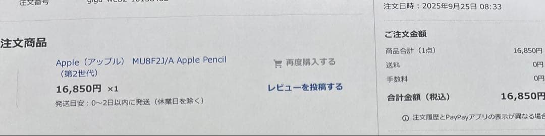 Apple Pencil (第2世代) 未使用品　2025/9/25購入
