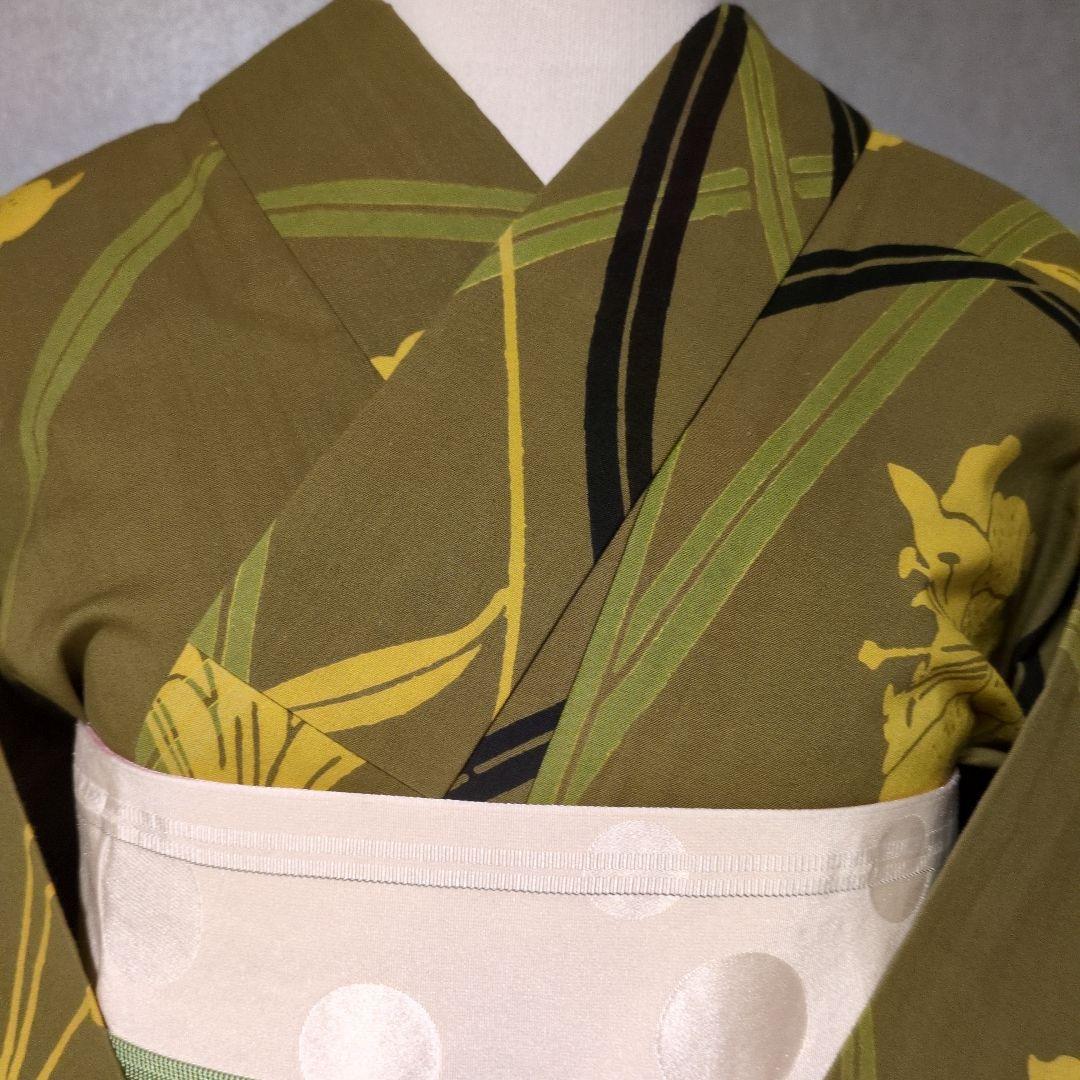 ❤コシノ　ジュンコ　新品　手縫い　浴衣 モスグリーンに山吹き色のユリ