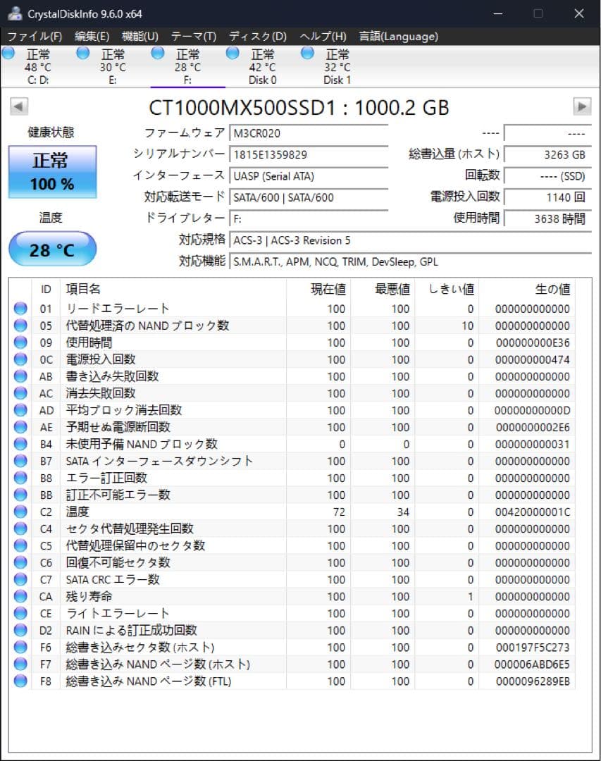crucial MX500 1000GB ssd 健康度100%