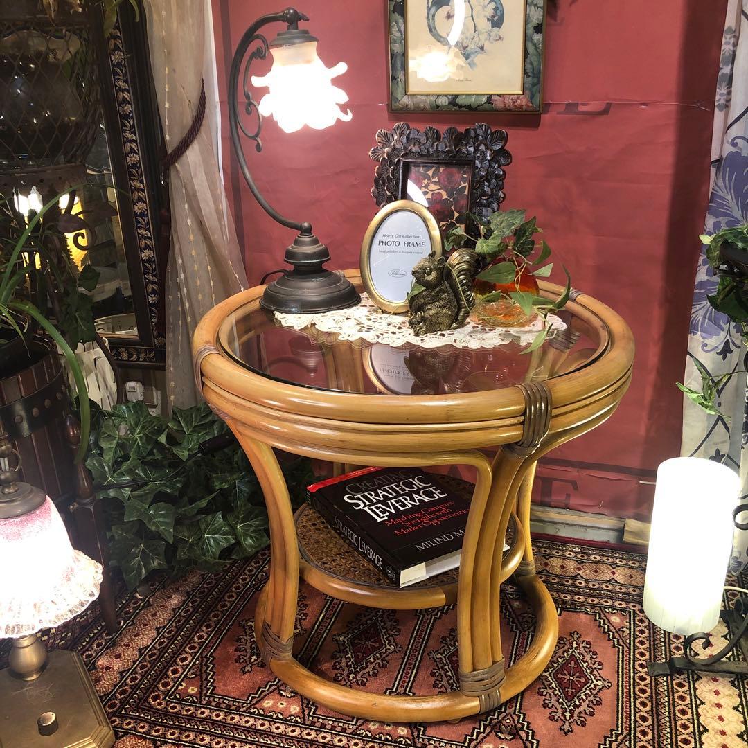 古家具　ヴィンテージ ナチュラル　籐ラタンフレーム サイドテーブル 丸テーブル