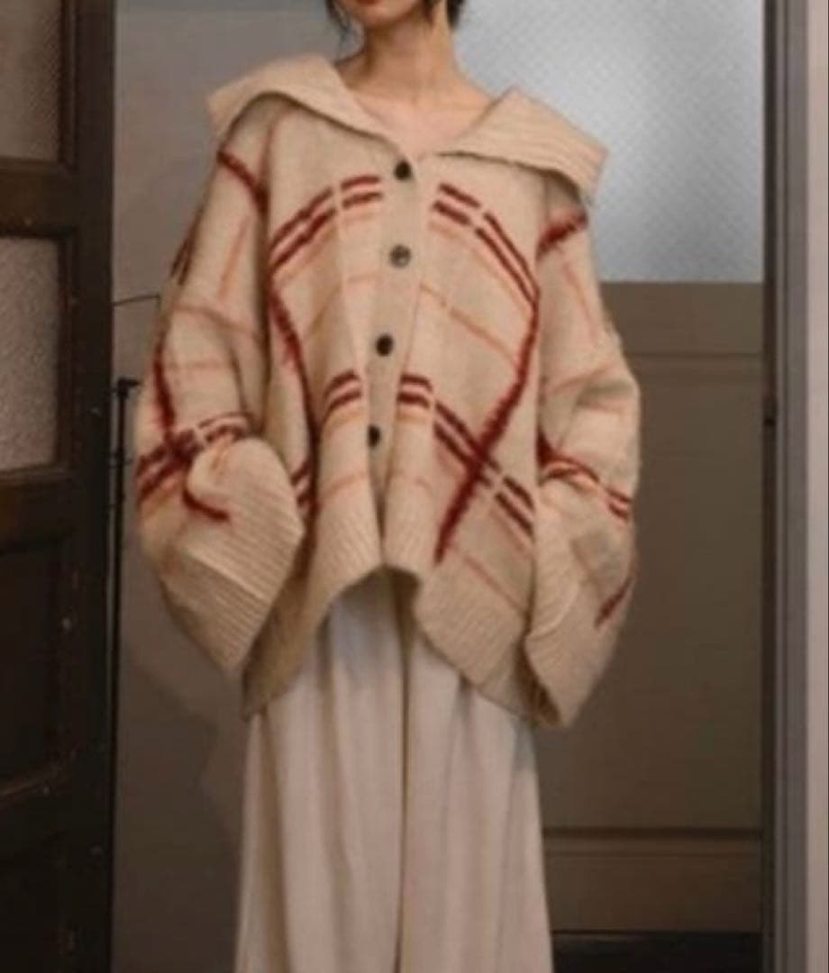 マイディール　チェックパターンカーディガン　レッド