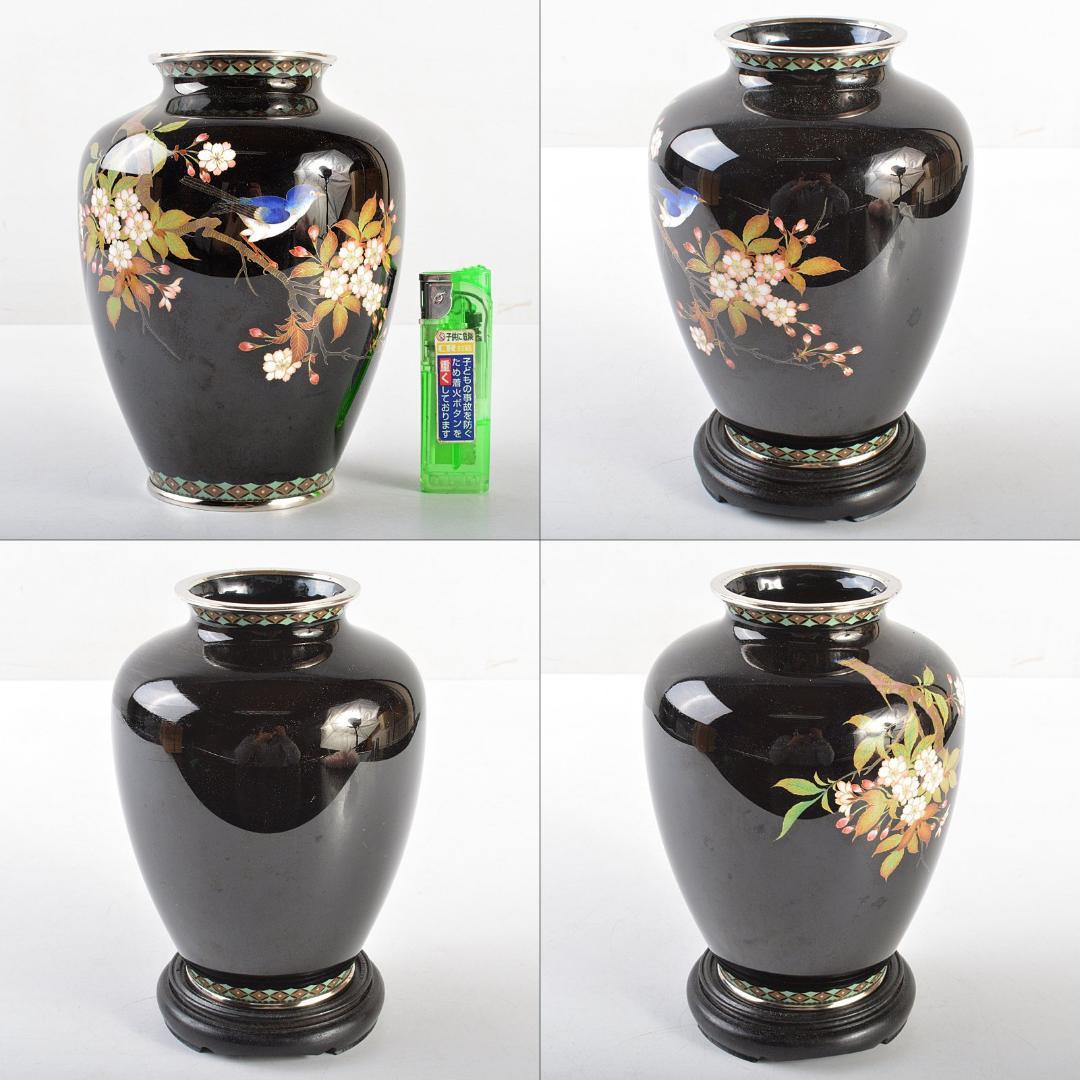 七宝焼　鳥桜文瓶　唐木台付　桐箱付　D　R5643