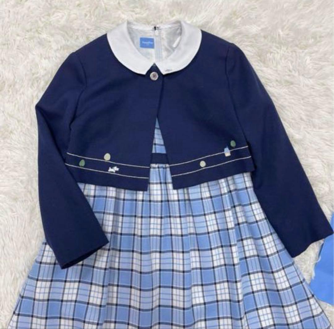 美品✨ファミリア120 フォーマルアンサンブルスーツ白襟ワンピース 卒園式入学式