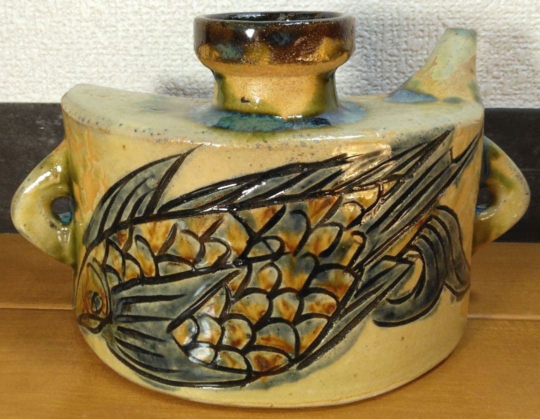 人間国宝 金城次郎 魚紋抱瓶 栞 共箱 未使用美品 壺屋焼 壷屋焼 やちむん