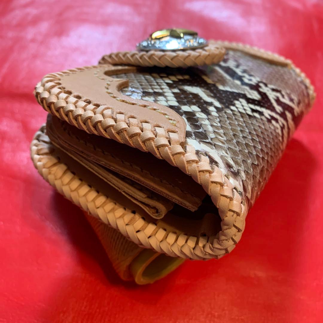 ハンドメイドレザークラフトダイヤモンドパイソンミドルウォレット財布　カードケース