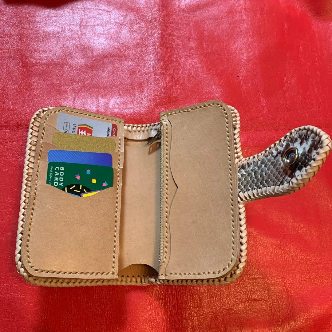 ハンドメイドレザークラフトダイヤモンドパイソンミドルウォレット財布　カードケース