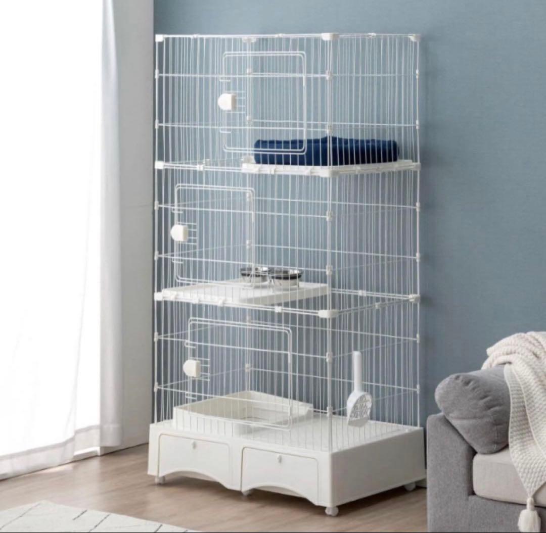 【ちゃる】キャットケージ ホワイト3段 トイレ付き タンスのゲン