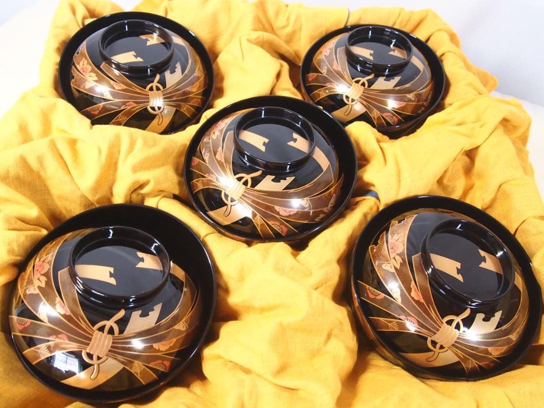 【未使用】輪島塗 八井珠蔵漆器本店 祝熨斗蒔絵 煮物椀 5客 雑煮椀/大椀 食器