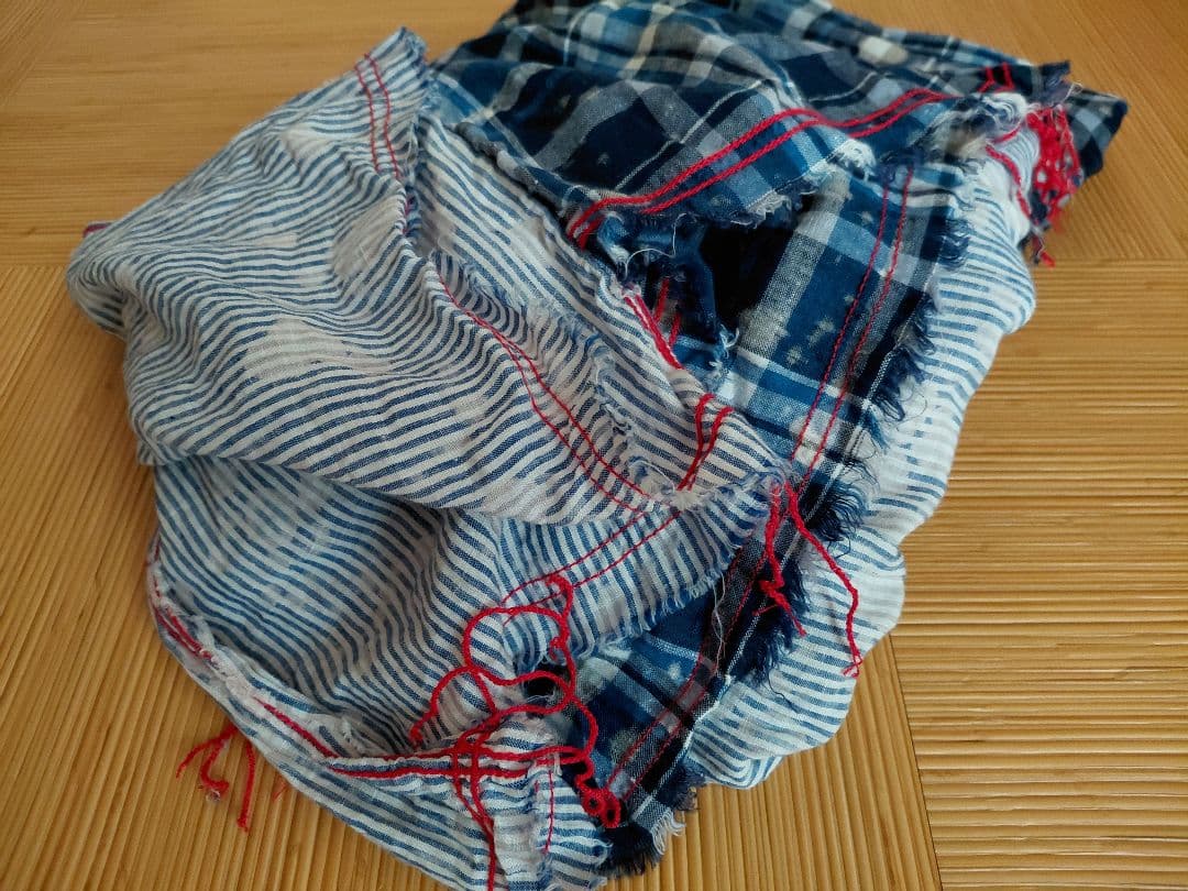 コム・デ・ギャルソン　 麻　ストール　ブルー　チェック　大判