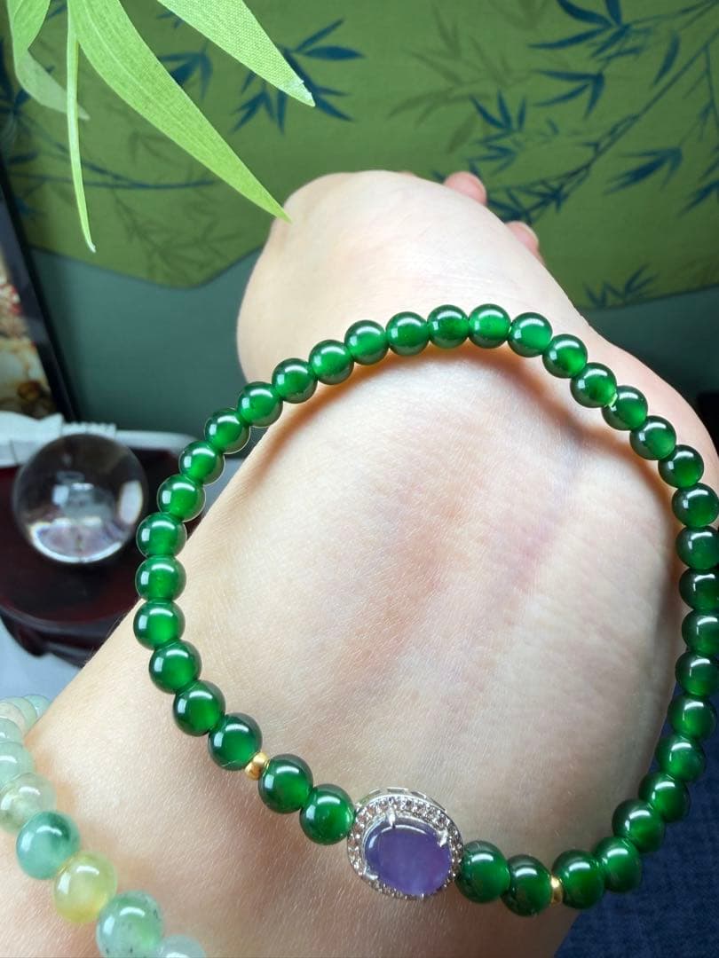 限定1点‼️ 貴重、希少品‼️18kビーズ入りロウカン質極上氷陽緑翡翠ブレス＆リング