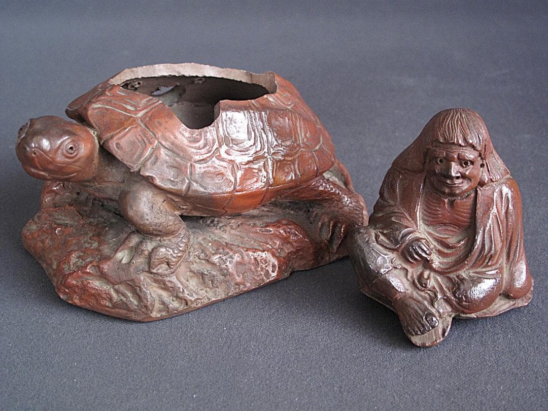 値下げ‼️ 時代!! 天保赤備前『亀に仙人香炉』珍しい細工物　高13㎝