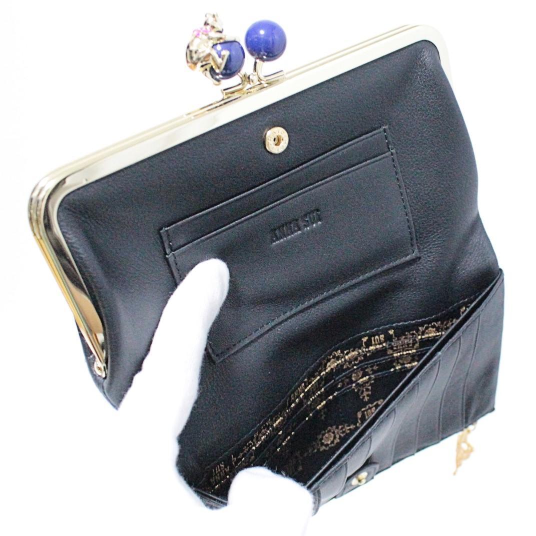 新品 アナスイ ふっくらレザー ネコちゃんがま口小銭入れ 二つ折り長財布 黒