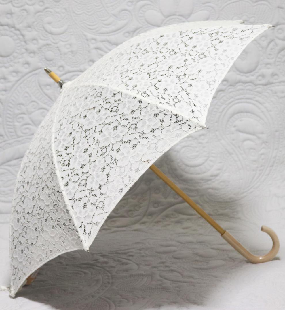 27,500円新品【長傘 日傘】綿100％ 繊細フラワー総レース かわず張り 白