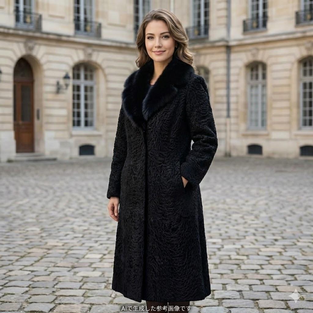 美品 アストラカン カラクールラム フォックスファー ロングコート 黒 105㌢