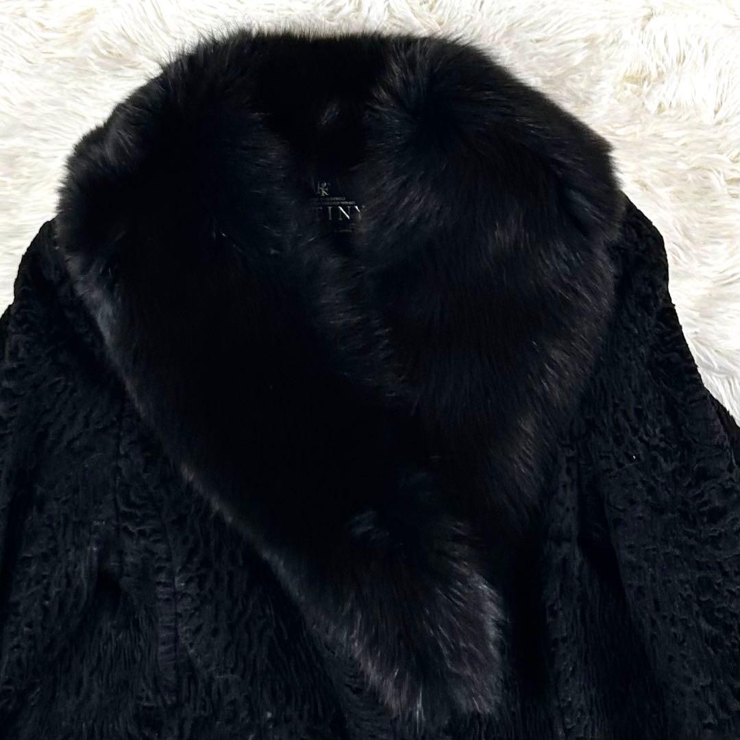 美品 アストラカン カラクールラム フォックスファー ロングコート 黒 105㌢