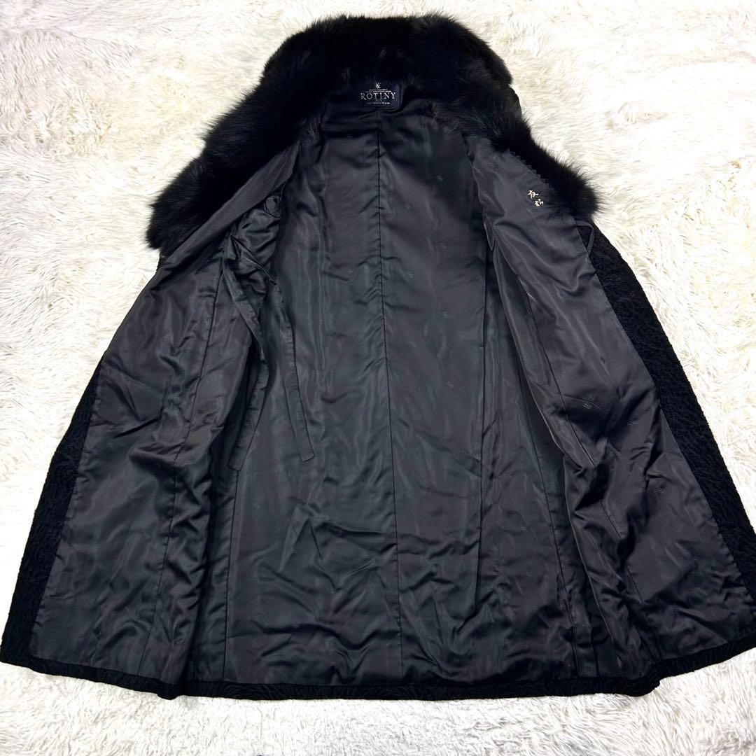 美品 アストラカン カラクールラム フォックスファー ロングコート 黒 105㌢