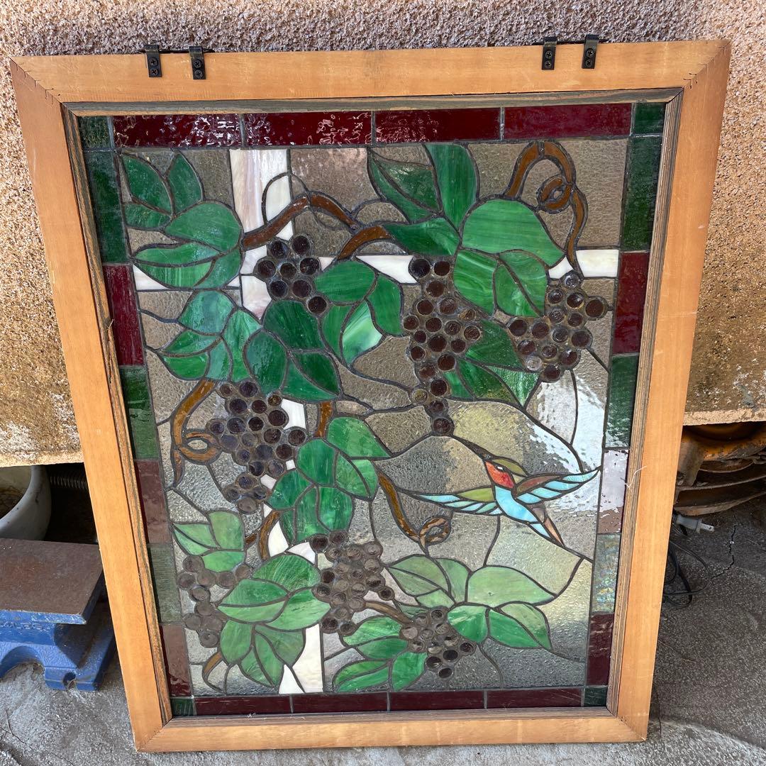 ち*ん様 ステンドグラス パネル 葡萄とカラフルな鳥 約72×57cm 壁掛け
