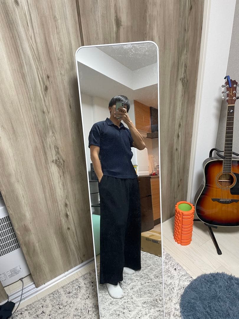 プリーツ半袖ポロシャツ　ネイビー　サイズ3 オムプリッセイッセイミヤケ