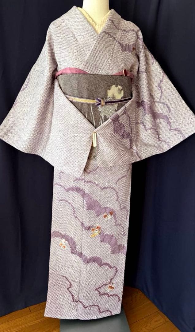 【訪問着】身丈お直し料金・補正着　疋田本鹿子総絞り 花柄日本刺繍　気品ある薄紫