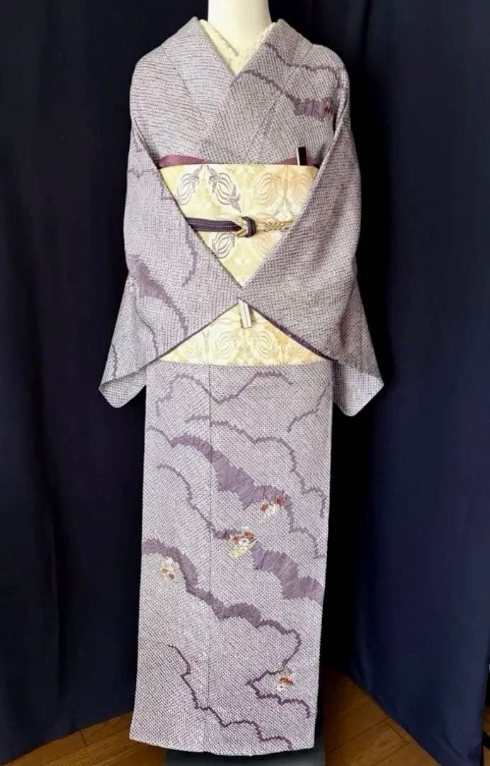 【訪問着】身丈お直し料金・補正着　疋田本鹿子総絞り 花柄日本刺繍　気品ある薄紫