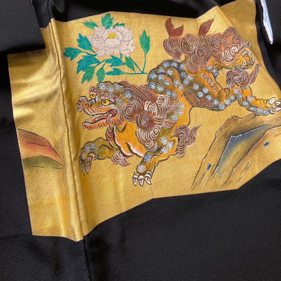 【最高級】訳あり品　日本製　正絹　初着　お宮参り用 黒地 鷹と獅子柄