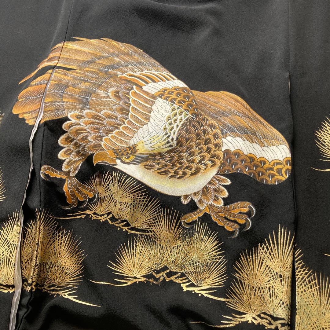 【最高級】訳あり品　日本製　正絹　初着　お宮参り用 黒地 鷹と獅子柄