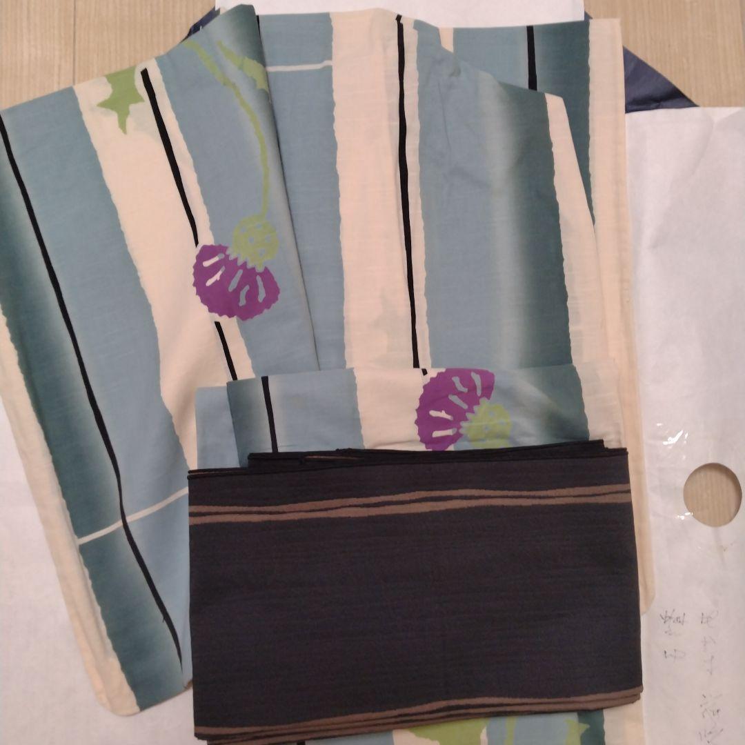 未使用高島屋購入★あざみアザミと竹柄の浴衣ゆかた両面使える黒ねず茶帯バッグセット