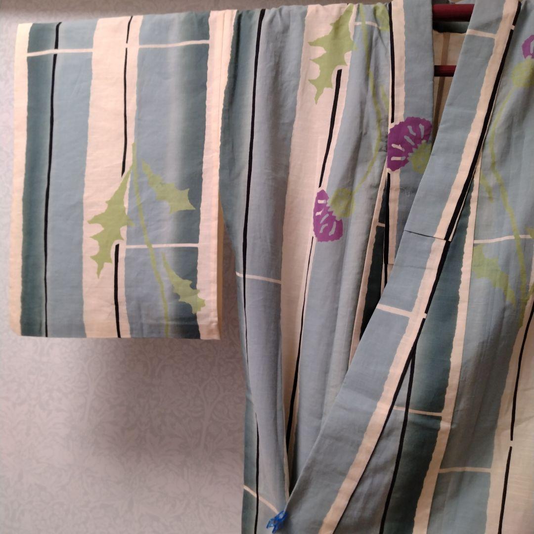 未使用高島屋購入★あざみアザミと竹柄の浴衣ゆかた両面使える黒ねず茶帯バッグセット